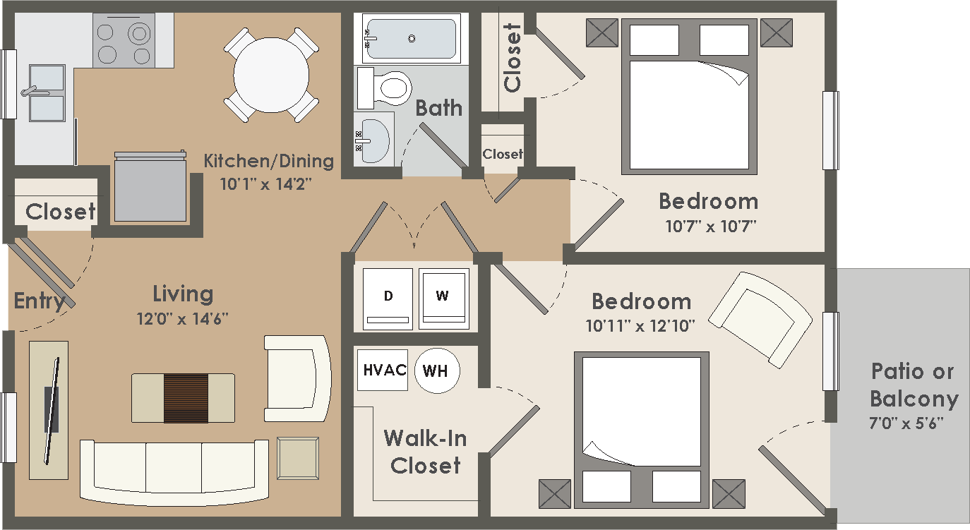 Floor plan for 2 beds, 1 bath, 850 sqft